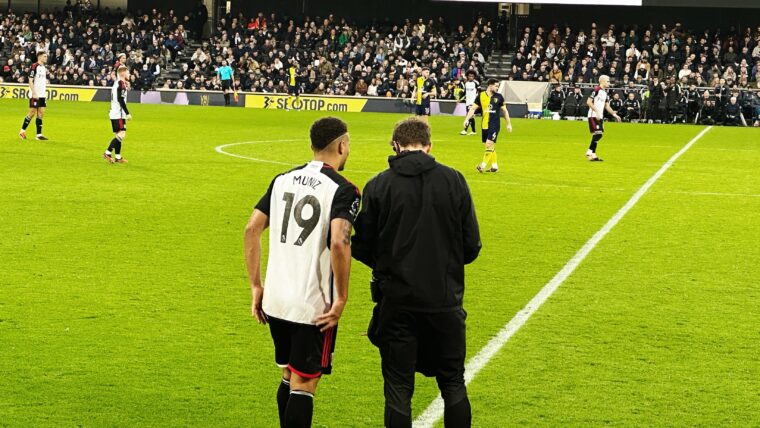 Rodrigo Muniz gets ready to re-enter the pitch at Craven Cottage.